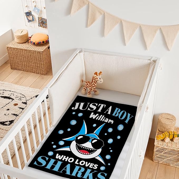 Custom Just A Boy Who Loves Sharks Blankets Gifts for Kids Adult On Bed Sofa,Personalized Premium Flannel Blankets for Birthday Christmas Thanksgiving All Season Use 30''x 40'' -XS
