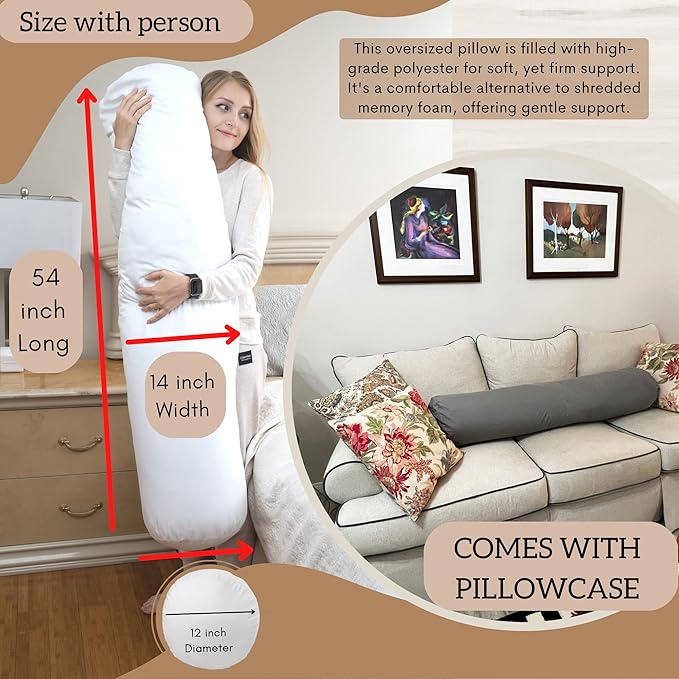 King Size Extra Long Round Body Pillow - 54x12 Bolster Pillow for Bed Extra Soft Body Pillow with Removable Pillowcase, Maternity Pillow - Grey