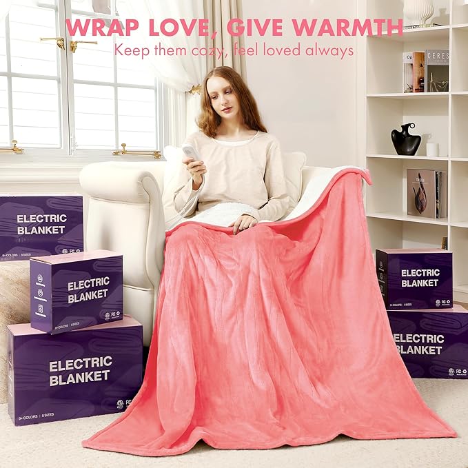 Heated Blanket 50" x 60" - Soft Flannel Sherpa Electric Throw Blanket with 5 Heating Levels & 4 Hours Auto Off for Office, Heating Blanket as a Gift for Grandma, Machine Washable (Pink)