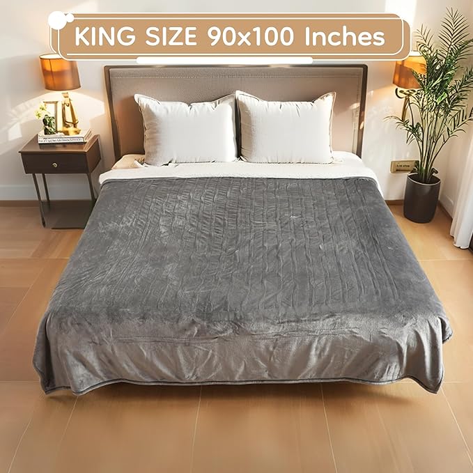 Electric Heated Blanket King Size - 90"x100", Soft Flannel Heating Blanket, 10 Heating Levels, 1-12 H Auto Shut Off, Breathable Warm and Washable for Bed, Light Grey
