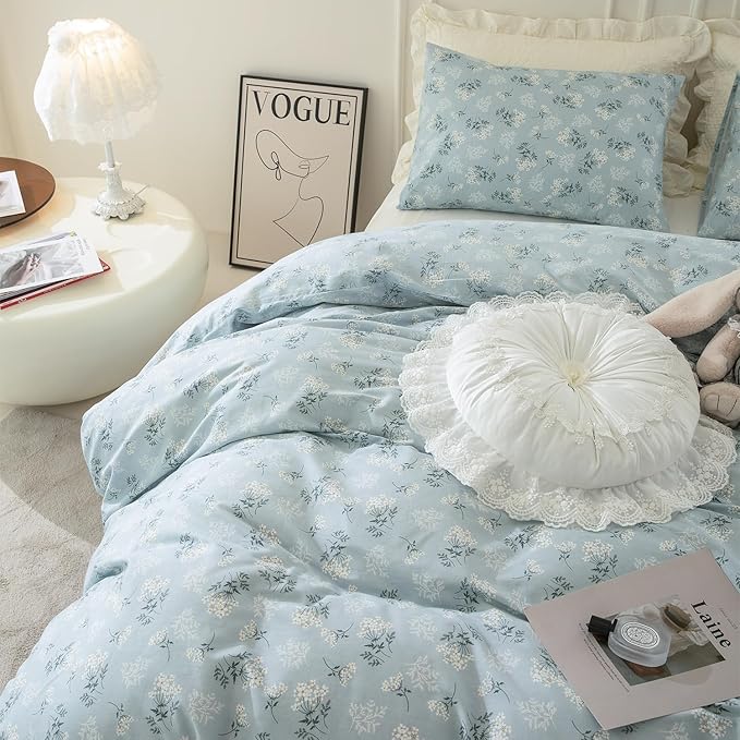 Jane yre Duvet Cover King Floral Brushed Microfiber 3 Pieces Bedding Set Garden Style Blue Pattern Duvet Flower, with Zipper Closure, Luxury Soft Breathable Comfy
