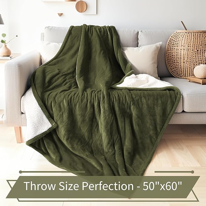 Electric Heated Blanket Throw Size 50"x60" - Flannel & Sherpa Fabric Dual-Sided, 6 Heat Settings & 1-3 Hours Auto Off, Soft & Cozy Warming Throw for Home, Office, or Bed, Machine Washable, Olive Green