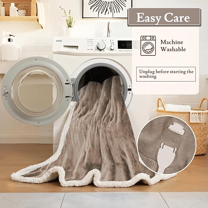 Electric Heated Blanket Flannel & Sherpa 72"x84" Full Size - 4 Heat Levels, 10H Auto Shut Off, Fast Heating, Cozy and Comfortable, Warm Gifts, Machine Washable - Brown