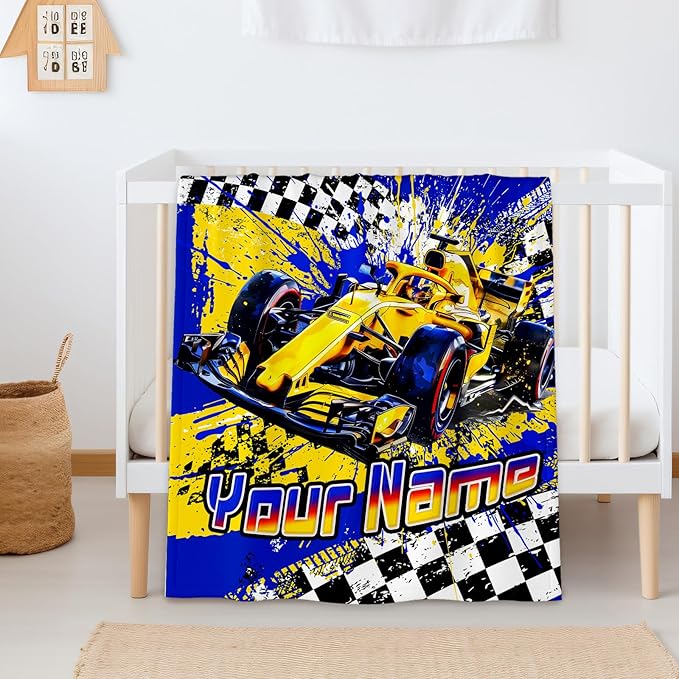 Boys Blanket Gifts Personalized Racing Car Blankets for Kids Toddlers Boys - 30" x 40" Custom Name Cute Car Themed Soft Lightweight Flannel Throws for Couch, Sofa, Bed, Office, Travel