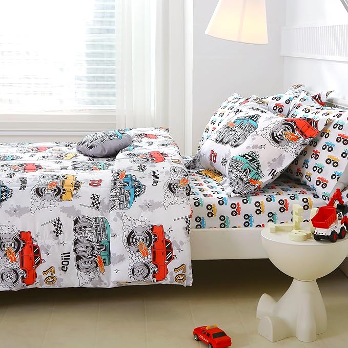 Mooreeke Full Size Comforter Sets for Boys Kids, 8 Pieces Bed in a Bag Monster Truck Bedding Comforter Sheet Set with Shams and Decorative Toy Pillow, Ultral Soft Microfiber Kids Bed Set
