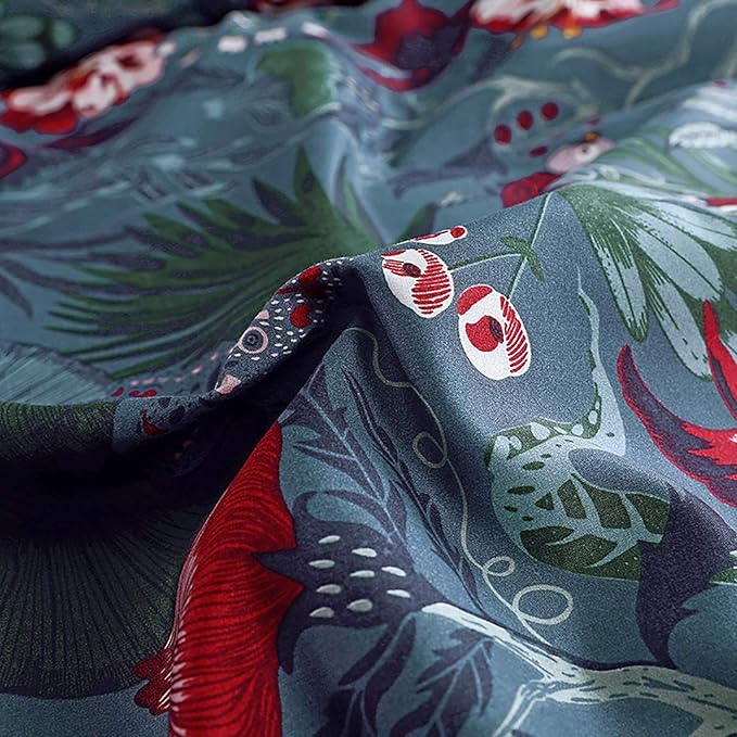 Floral Duvet Cover King Size Striped Green Botanical Bedding Set with Red Flower 3 Pieces Palm Leaf Soft Microfiber Reversible Duvet Cover Set for Men Women
