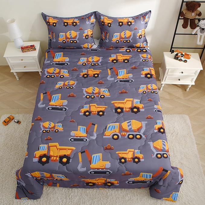 Kids Comforter Set 7 Piece Bedding Cute Car Cartoon Truck Bed Microfiber Comforter Full Size All Season Excavator Car Truck Printed