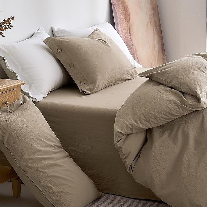 JELLYMONI 100% Washed Cotton Duvet Cover Full – Soft, Breathable Linen-Look Bedding with Natural Wrinkle Texture, Button Closure, 3-Piece Set (Dusty Khaki, 80"x90")