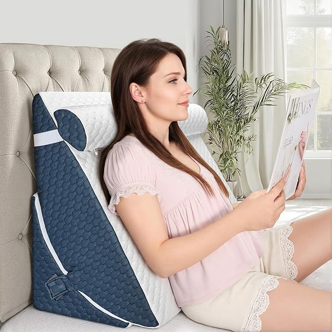 Bed Wedge Pillow for Sleeping, 3PCS Wedge Pillow Set for After Surgery, Adjustable 7 &12 inch Pillow Wedges for Acid Reflux Relief, Back Pain Relief, Sleep Apnea, Sitting Up, Headboard (Blue/White)