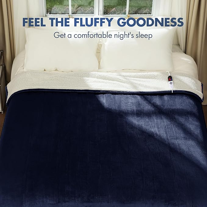 Full Size Heated Blanket 72" x 84" - Fluffy Ultra Soft Flannel Heated Lap Blanket with 6 Heating Levels & 10 Hours Adjustable Timer, Fast Heating and Electric Blanket for Office (Navy)