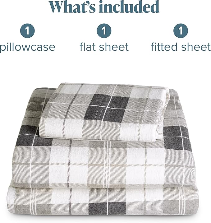 Bare Home Cotton Flannel Sheet Set Prints, 100% Cotton, Velvety Soft Heavyweight - Double Brushed for Softness & Comfort - Deep Pocket - Bed Sheets - Cotton - Flannel - Printed (Twin XL, Quarry Plaid)