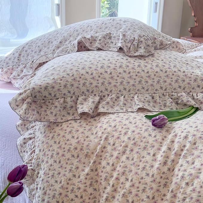 BuLuTu Purple Floral Duvet Cover Twin, 100% Cotton Muslin Comforter Cover for Kids Toddler Girls, Shabby Chic Princess Bedding Ruffled Quilt Cover with 2 Pillow Cases, Soft Lightweight