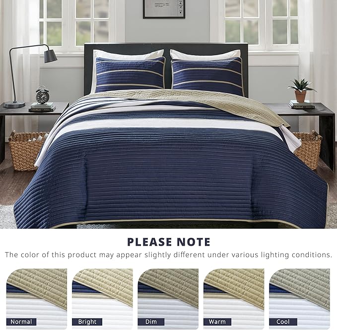 Comfort Spaces Quilt Set Trendy Casual Fun, Vibrant Color Design, Hypoallergenic All Season, Lightweight Coverlet Bedspread Cozy Kids Bedding & Sham Twin/Twin XL Verone White Blue Stripe 2 Piece