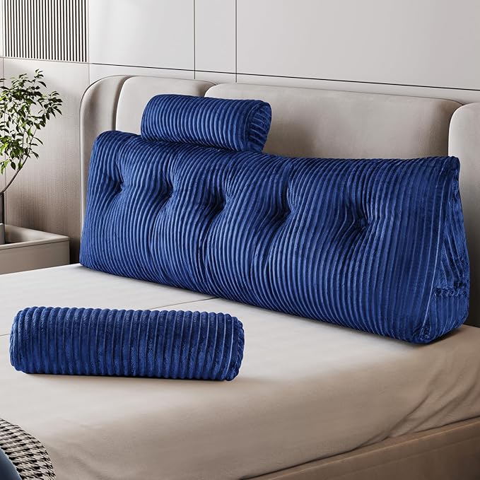 Z-hom Large Wedge Pillow Headboard, Full Triangular Headboard Pillow, Reading Pillow Bed with a Roll Pillow for Bed Sitting Up Sleeping, Backrest Cushion Headboard Gap Pillow for Back,Blue