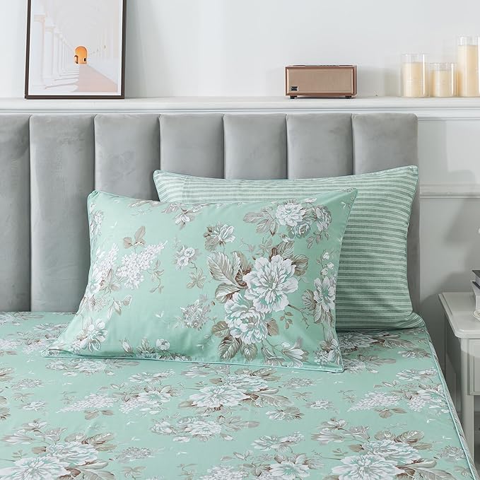 FADFAY Duvet Cover Set Twin Green Toile Floral Bedding Shabby Peony Flower Quilt Cover Set Vintage Farmhouse Bedding 100% Cotton Soft Comforter Cover Set with Hidden Zipper Closure 3Pcs, Twin Size