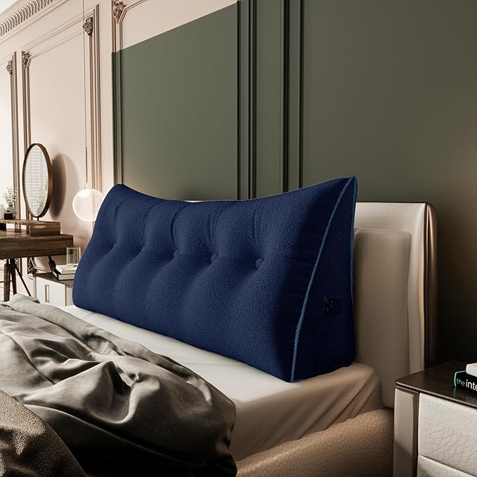 11 lbs Thickened Wedge Pillow Headboard Body Positioner Bed Wedge Pillow Backrest Triangular Headboard Pillow for Sleeping with Side Pocket Velvet Positioning Support Velvet Blue Queen