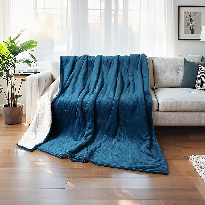 Electric Heated Blanket Throw Size 50"x60", 5 Heat Settings- 3H Auto Shut Off Flannel Material&Sheepskin Fabric, Machine Washable, Lake Blue&White