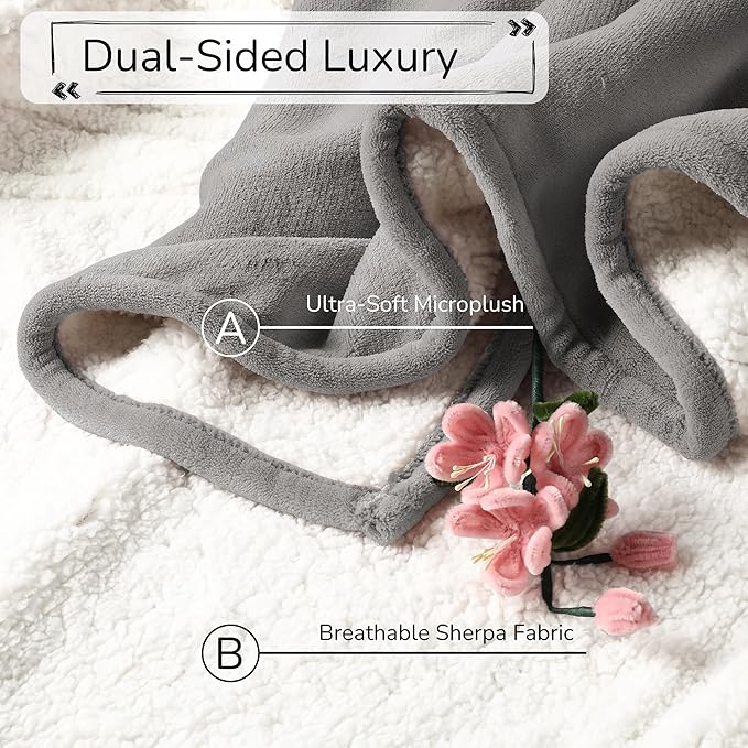 Electric Heated Blanket Queen Size 84"x90" - Dual-Sided with Microplush & Sherpa Fabric, 4 Heat Settings & 10 Hours Auto Off, Machine Washable - Light Gray