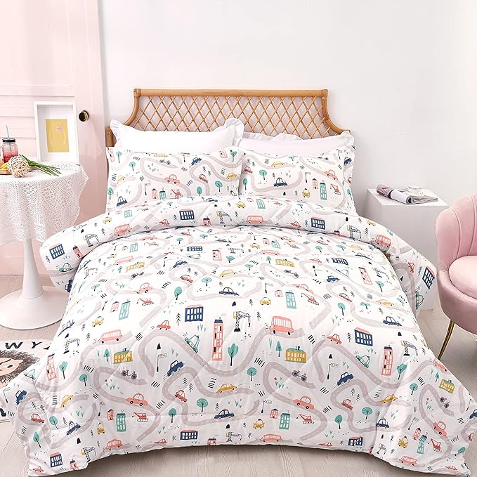 JSD Car Kids Comforter Set Full Size, 3 Piece Printed Microfiber Comforter with Pillow Sham, Lightweight All Season Washable