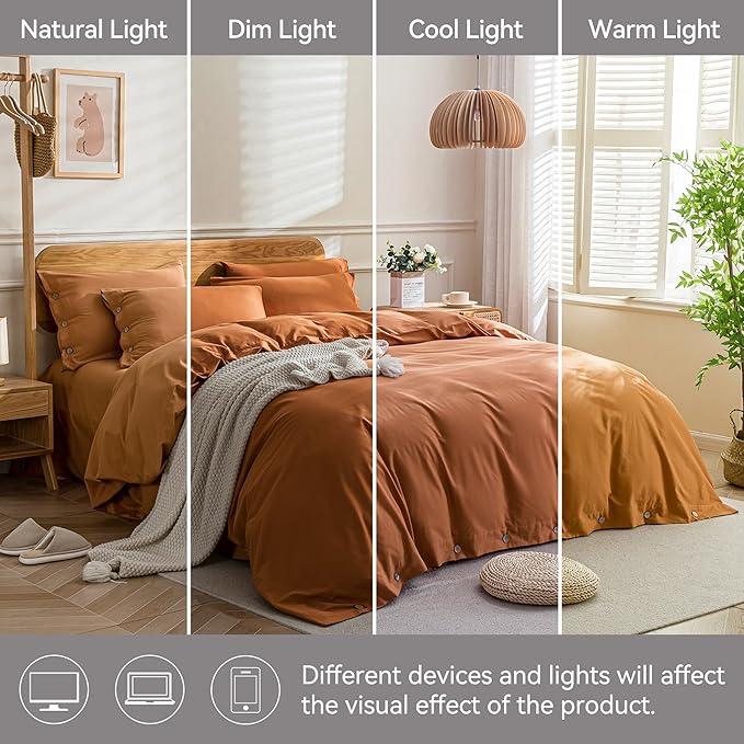JELLYMONI Cotton Duvet Cover Full Size - Burnt Orange Comforter Cover with Button 100% Washed Cotton 3PCS Breathable Soft Solid Bedding Set Duvet Cover 80×90in & 2 Pillowcases (NO Comforter)