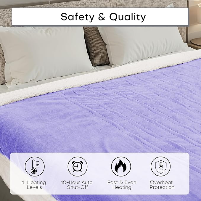 Electric Heated Blanket Twin Size 62"x84" - Dual-Sided with Microplush & Sherpa Fabric, 4 Heat Settings & 10 Hours Auto Off, Machine Washable - Light Purple