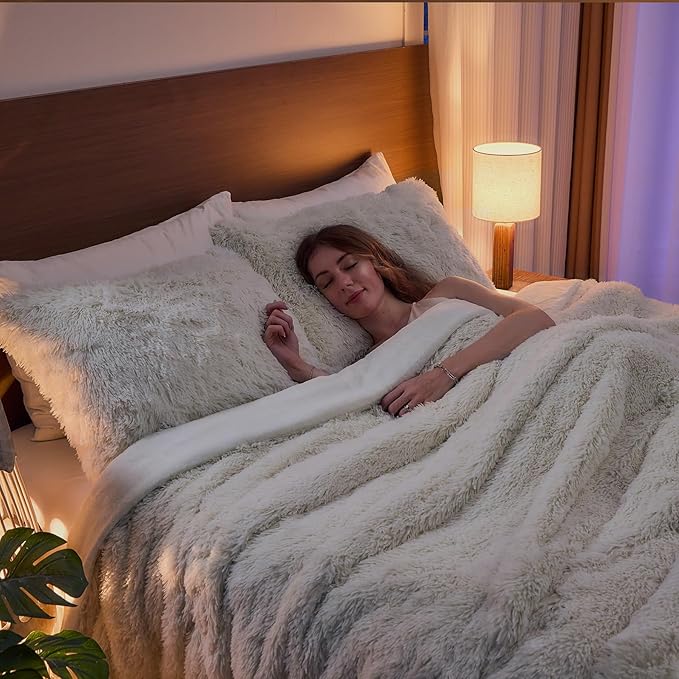 Wajade Faux Fur Plush White Comforter Set Fluffy Fuzzy Shaggy Bedding Set - 3PC Full/Queen Microfiber Soft Warm Quilt Set (Cream White, Queen)