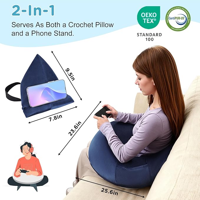 Crochet Lap Support Pillow - Multi-Purpose Reading Pillow for Gaming/Working/Nursing, with Removable Extra Back Pillow for Lumbar & Back Support, Enlarged U-Shape Gaming Lap Pillow, Blue