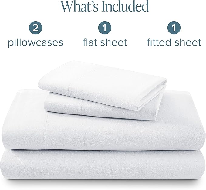 Bare Home Flannel Sheet Set 100% Cotton, Velvety Soft Heavyweight - Double Brushed Flannel - Deep Pocket (Full, White)