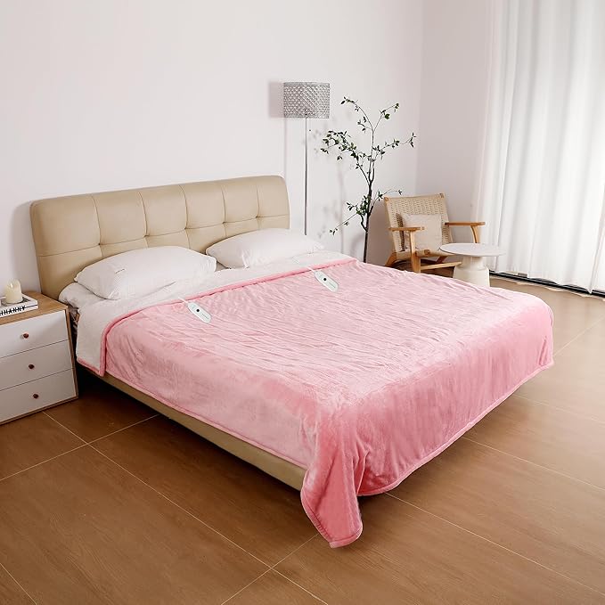 ESTINGO Heated Blanket King, Dual Control Electric Blanket King Size with 5 Heating Levels & 10 Hours Auto Off, Machine Washable Plush Heating Blanket for Bed Office 100" x 90", Pale Pink