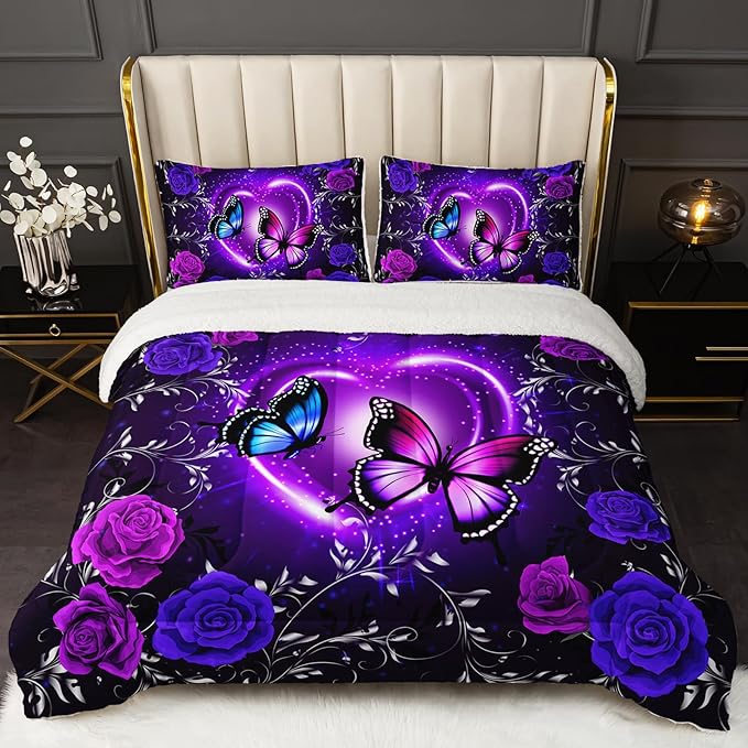 QOOMO Blue Butterfly Soft Sherpa Comforter,Blue Flower Plush Warm Fall Winter Bedding Sets for Girls Boys,Star Sky Ultra-Soft Sherpa King Comforter Set with 2 Pillow Shams,3 Piece Set