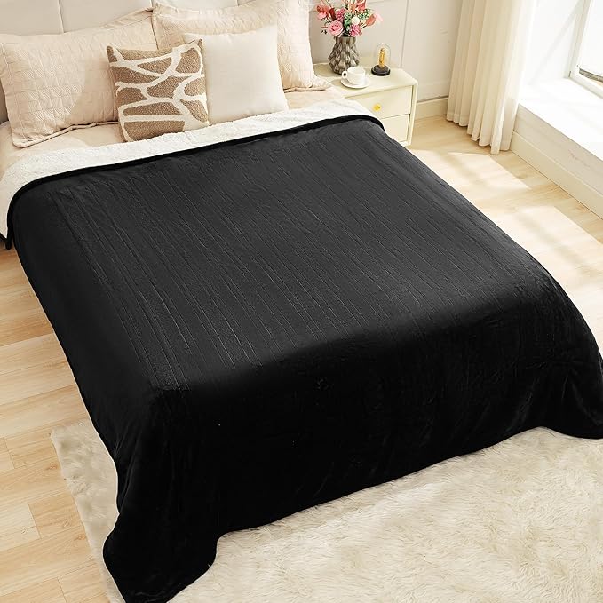 Heated Blanket Queen 84"×90" - Premium Cosy Soft Electric Blanket with 6 Heating Levels,Dual Control Fast Heating Flannel Sherpa Blanket for Bed & Couch,Auto Shut Off/Machine Washable (Black)