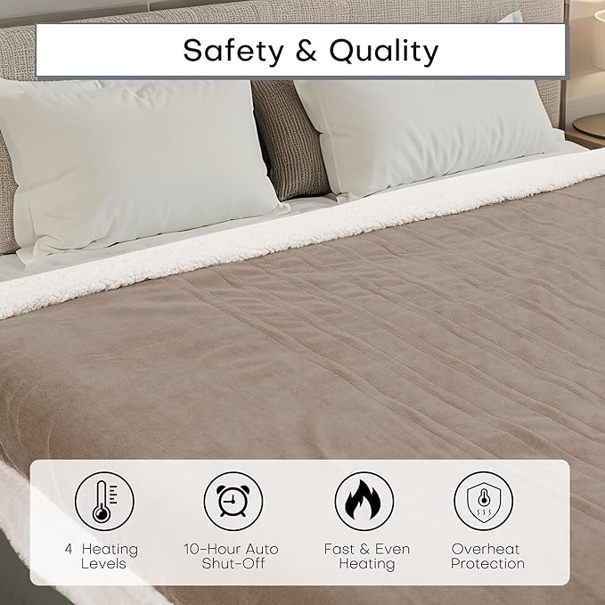 Electric Heated Blanket Twin Size 62"x84" - Dual-Sided with Microplush & Sherpa Fabric, 4 Heat Settings & 10 Hours Auto Off, Machine Washable - Light Brown