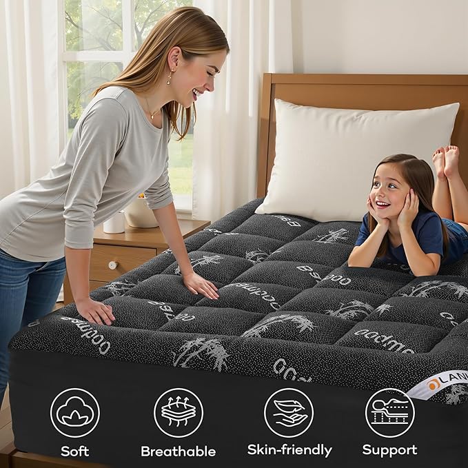 OLANLY Full Mattress Topper – Viscose Made from Bamboo, Cooling Soft Full Pillow Top Mattress Pad for Back Pain Relief, Plush Down Alternative Fill Bed Topper with Elastic Deep Pocket, Dark Gray