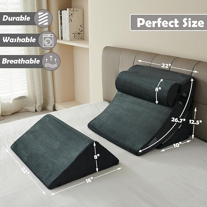 Ganaver 4Pcs Wedge Pillow for Sleeping, Orthopedic Bed Wedge Pillows for After Surgery, Foam Triangle Sit Up Pillow Wedge for Back, Neck, Shoulder Support, Leg Elevation, Acid Reflux, Gerd, Snoring
