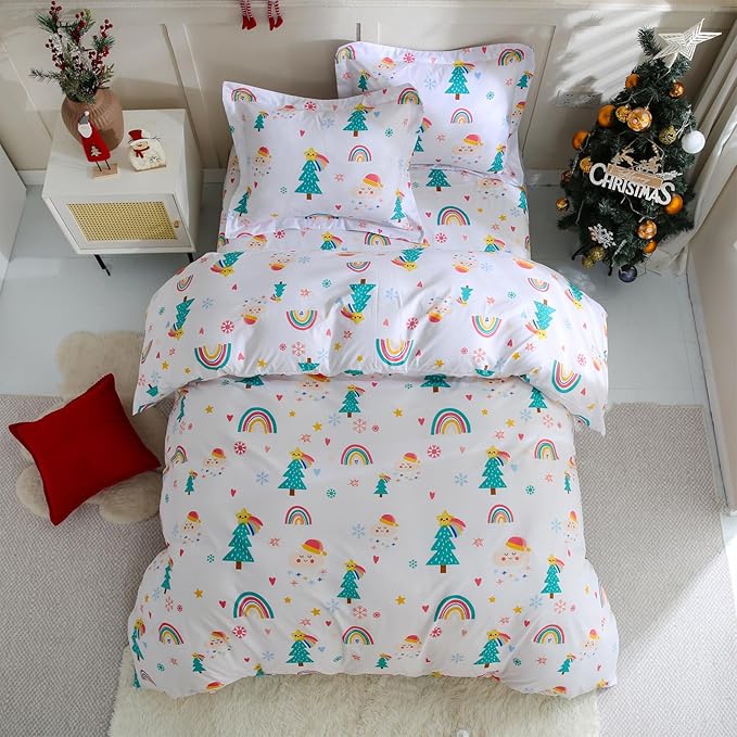 JSD Christmas Kids Duvet Cover Set Queen Size, 3 Piece Rainbow Tree Printed Microfiber Comforter Cover with Pillow Shams Zipper Closure, Comforter Not Included
