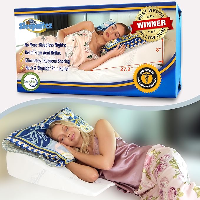 Sleepnitez Fsa Eligible 8" Bed Wedge Pillow – Memory Foam Wedge for Sleeping, Acid Reflux Pillow for Snoring, GERD, Pregnancy – Luxurious 3.25" Memory Foam Top Layer