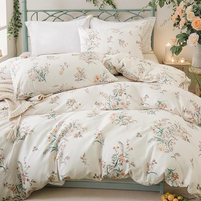 Duvet Cover Set Queen Size Vintage Style Garden Floral Duvet Cover 100% Cotton 3 Pcs Chic Floral Comforter Cover with Zipper Botanical Coquette Duvet Cover Set Ultra Soft & Breathable