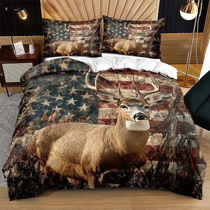 Deer Twin Duvet Cover Sets,Deer and American Flag Bedding Sets for Hunter Bedroom Decor, 1 Duvet Cover 2 Pillowcases Comforter Cover for Adult Teen boy,Twin