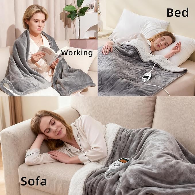 RAINOVA Heated Blanket, Electric Blanket-62''x84'', Soft Flannel Lamb Swool Heating Blanket, 10-Level Heating, 10-Hour Auto-Off, Gifts for Parents and Elders, Gray, ETL & FCC Certified