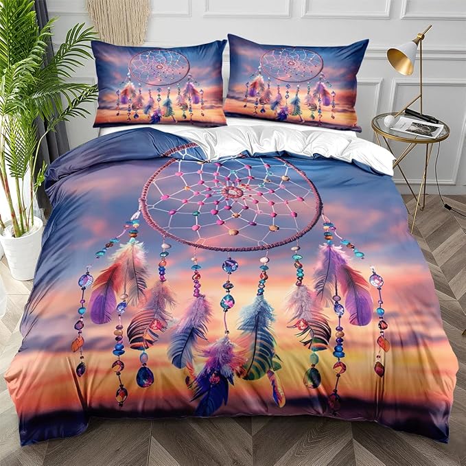 Queen Size Duvet Cover Bedding Set for Summer Cooling Comforter Cover Soft Quilts Duvet Cases Bedroom Set Boho Dreamcatcher Sunrise/Sunset Native American Feathers Beads,Queen
