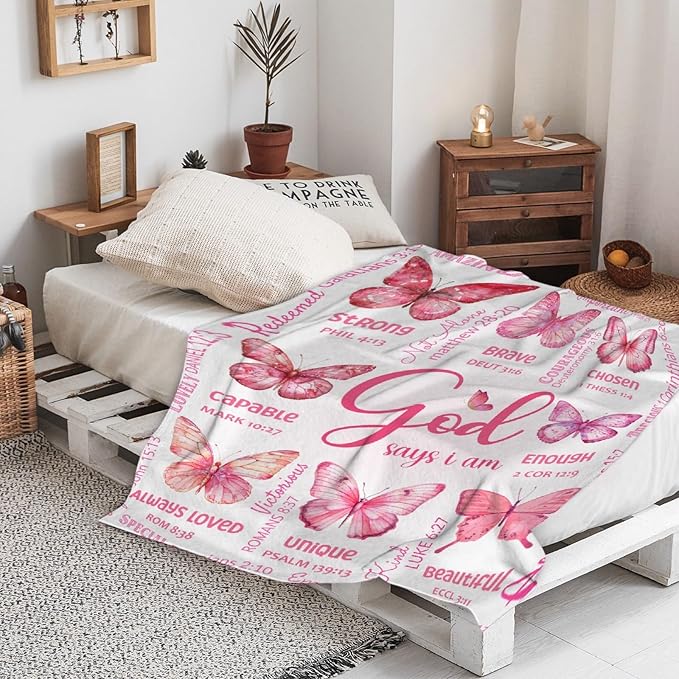 Butterfly Bible Verse Blanket, Inspirational Scripture Religious Gifts for Christian, Warm Soft Flannel Bible Throw for Bed Sofa Decoration 50"x60" for Teen