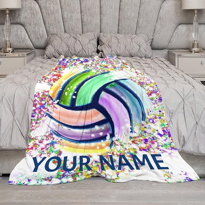 Personalized Volleyball Blanket Gifts with Name - 50"x60" Sports Throw Blanket for Adults, Kids - Colorful Soft Plush Throws for Bed, Couch & Travel