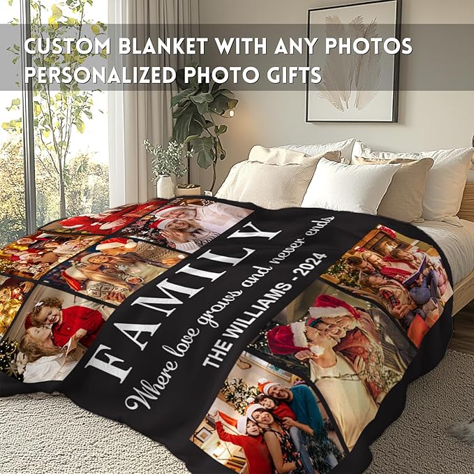 Yoke Style Ships Next Day, Custom Photo Blanket on Christmas for Family, Printed in USA - Customizable Picture Blanket Personalized New Year Gifts for Women Men Couples Mom Dad Wife Friends