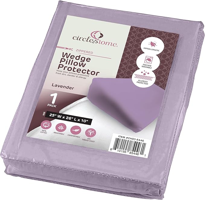 CirclesHome Wedge Pillow Cover 100% Cotton, Zippered Wedge Pillow Case Protector, Soft, Hypoallergenic & Breathable - Lavender, (25Wx26Lx10)