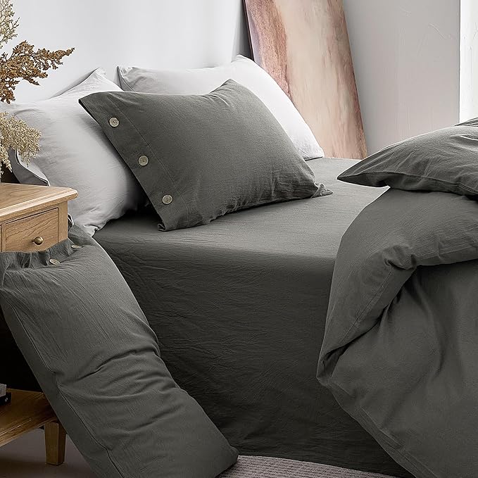 JELLYMONI 100% Washed Cotton Duvet Cover Full – Soft, Breathable Linen-Look Bedding with Natural Wrinkle Texture, Button Closure, 3-Piece Set (Dark Grey, 80"x90")