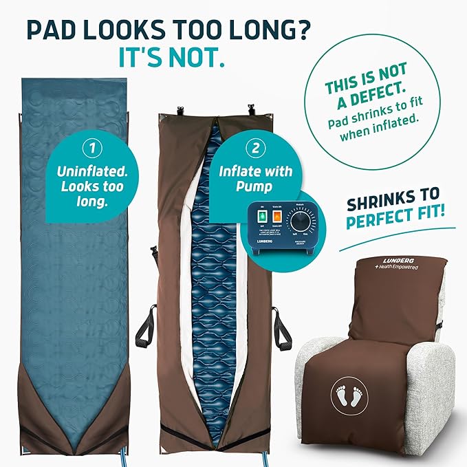 Lunderg Alternating Air Pressure Pad for Recliner Chair - Pressure Relief Cushion Topper for Recliner - Bed Sore Prevention - Medical Grade Mattress Pad, Cover & Quiet Pump - Home or Hospital (Coffee)