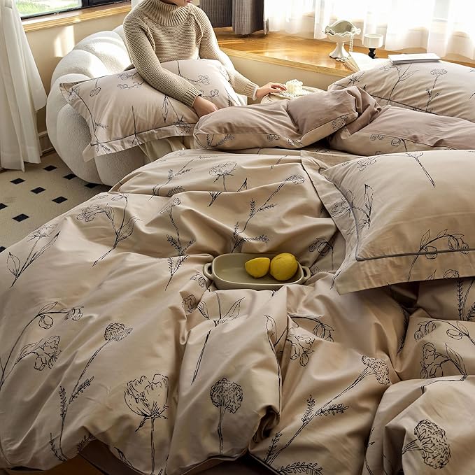 AOJIM Aesthetic Floral Print Bedding Duvet Cover Set for Room Decor, Pure Cotton Comforter Cover Set 3pcs for Kids Adults, 1 Soft AB-Sided Quilt Cover Queen Size and 2 Matching Pillowcases, No Quilt