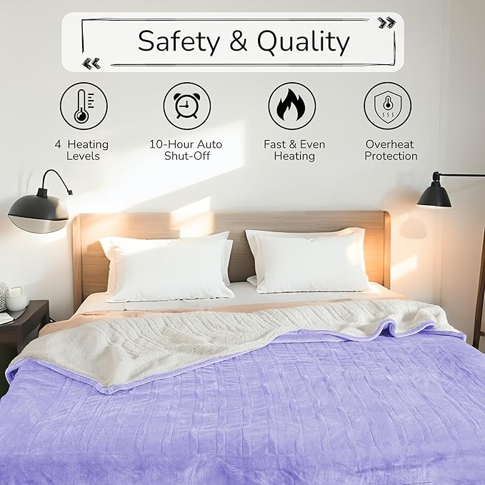 Electric Heated Blanket Queen Size 84"x90" - Dual-Sided with Microplush & Sherpa Fabric, 4 Heat Settings & 10 Hours Auto Off, Dual Controller, Machine Washable - Light Purple