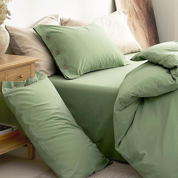 JELLYMONI 100% Washed Cotton Duvet Cover Twin – Soft, Breathable Linen-Look Bedding with Natural Wrinkle Texture, Button Closure, 3-Piece Set (Mint Green, 68"x90")