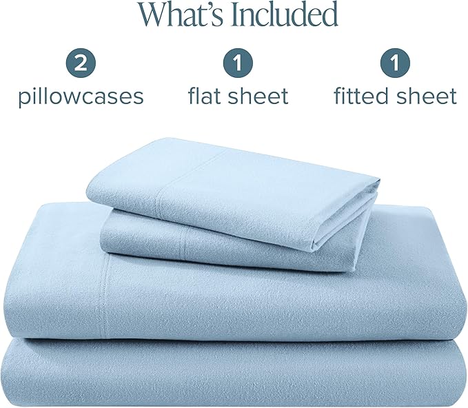 Bare Home Flannel Sheet Set 100% Cotton, Velvety Soft Heavyweight - Double Brushed Flannel - Deep Pocket (Full, Light Blue)